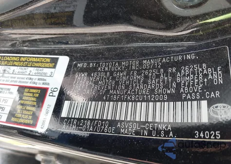 2012 Toyota Camry Le из США, поврежденный, VIN 4T1BF1FK8CU112009